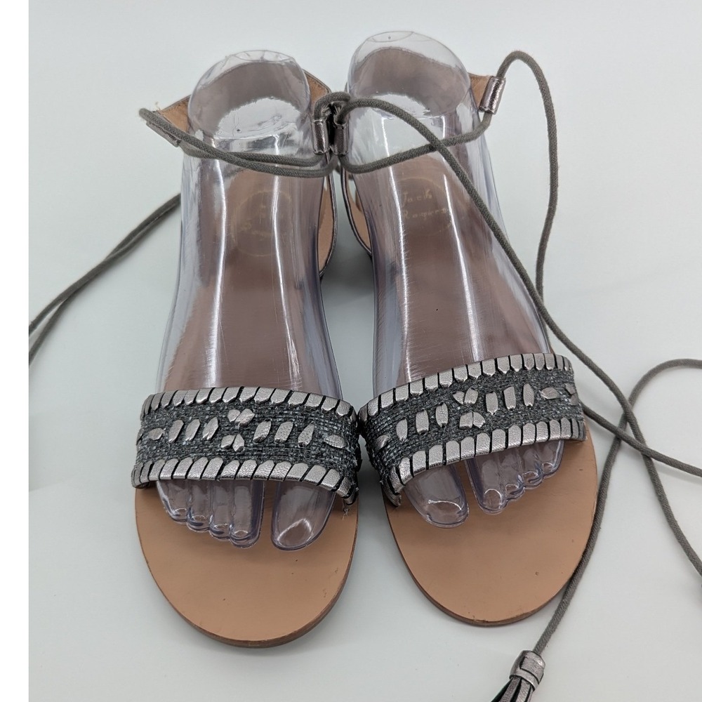 Jack Rogers Metallic Pewter Whipstitch Lace Up Tassel Flat Sandals 7.5M